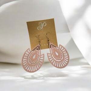 Pink Lavender Wooden Filigree Cutout Teardrop Dangle